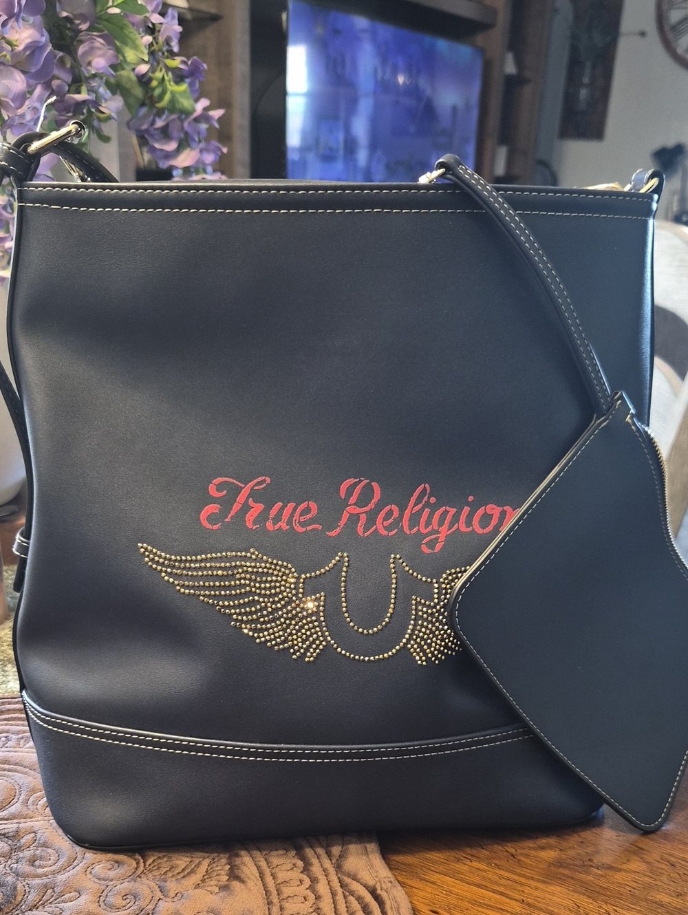 True Religion Black Shoulder Tote with Gold Charm Chain